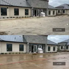 Before and after post construction cleaning of storefront concrete at a new commercial building, dusty tire tracked pavement washed clean in Dallas, TX