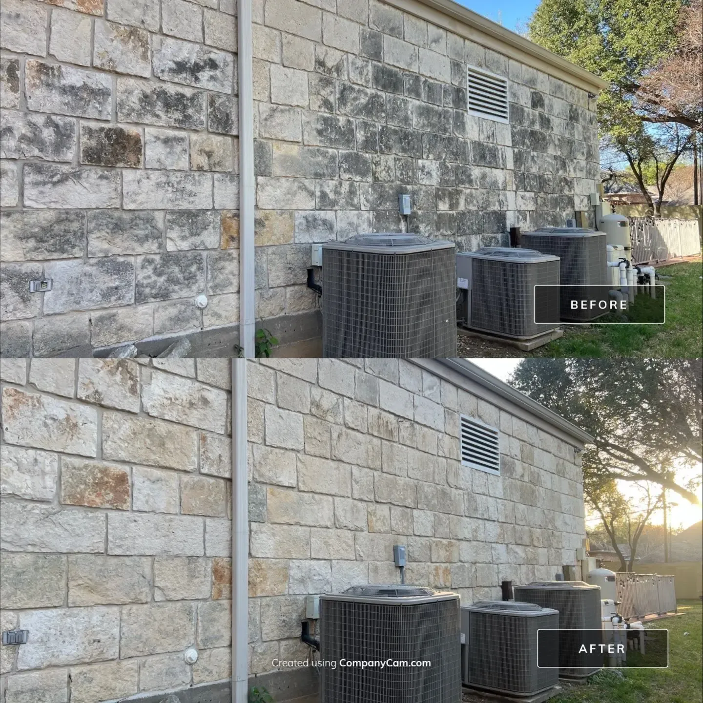 Before and after soft wash of a rear limestone wall with heavy black staining removed near AC units in Plano, TX