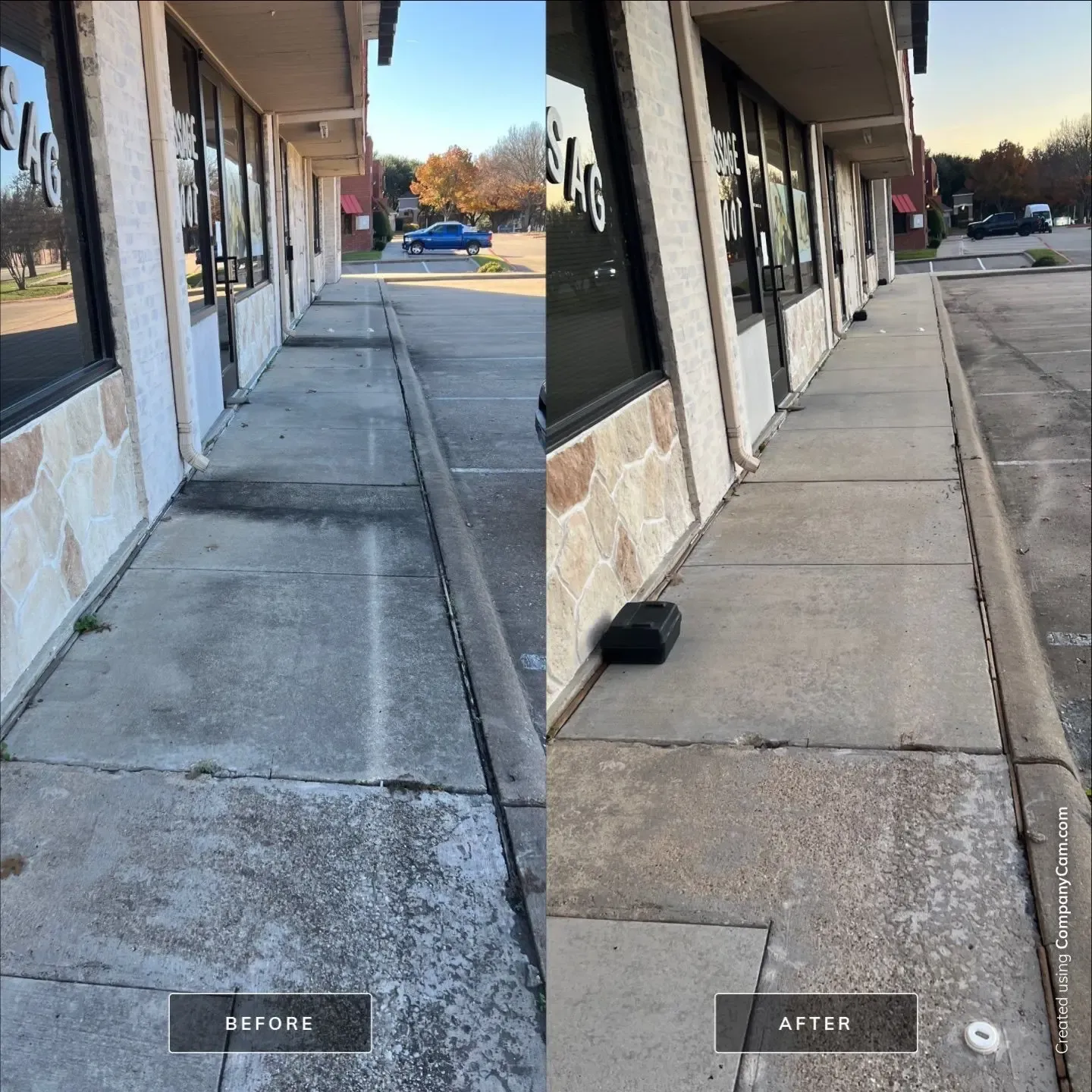 Before and after sidewalk cleaning along a retail storefront, weathered gray concrete refreshed to a brighter surface in Richardson, TX