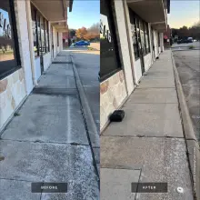 Before and after sidewalk cleaning along a retail storefront, weathered gray concrete refreshed to a brighter surface in Richardson, TX