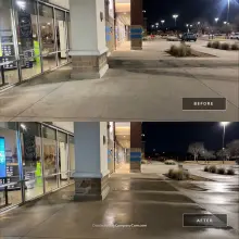 Before and after pressure washing of a large retail storefront concrete entrance, dark staining removed for an even clean finish in McKinney, TX
