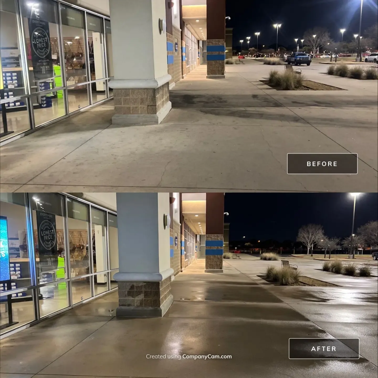 Before and after pressure washing of a large retail storefront concrete entrance, dark staining removed for an even clean finish in McKinney, TX