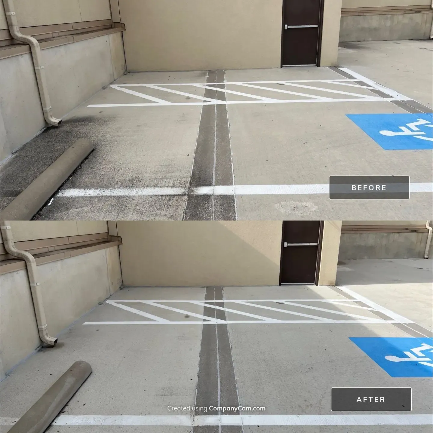 Before and after cleaning of a rooftop parking deck accessible stall with hatched striping in Allen, TX