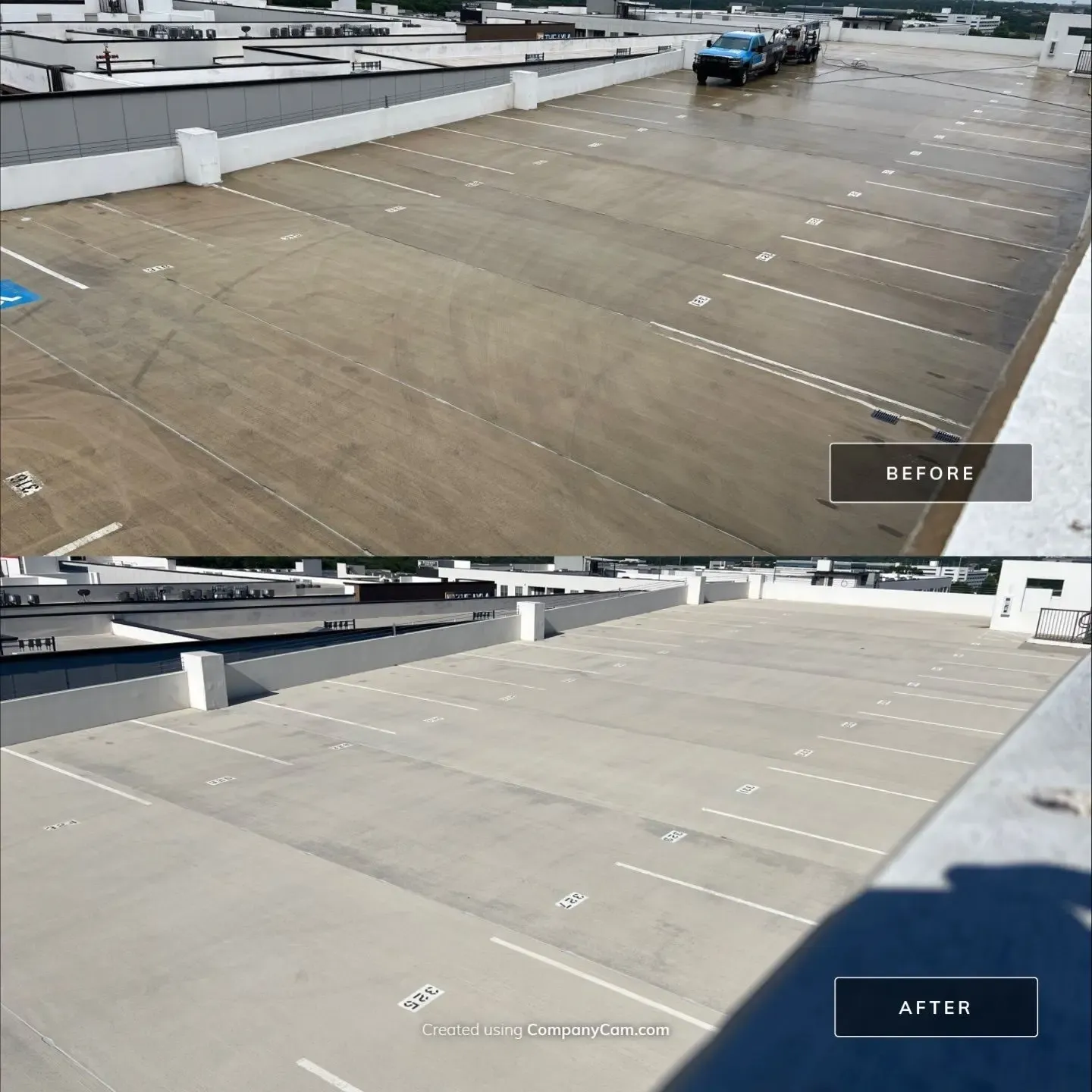 Before and after pressure washing of a rooftop parking deck, stained concrete restored to a bright uniform finish in Richardson, TX