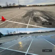 Before and after pressure washing of a rooftop parking lot, heavy tire rubber and oil stains removed from the concrete deck in Plano, TX