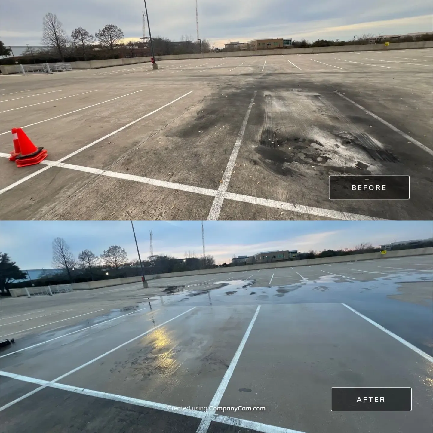 Before and after pressure washing of a rooftop parking lot, heavy tire rubber and oil stains removed from the concrete deck in Plano, TX