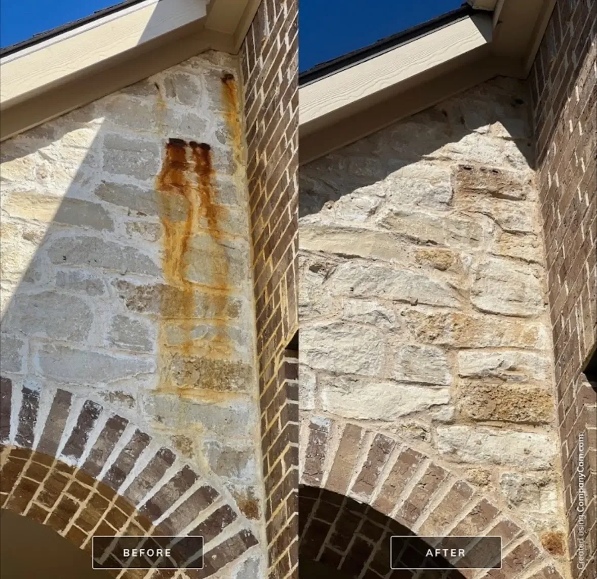 Before and after rust stain removal from light stone above a brick arch in Richardson, TX