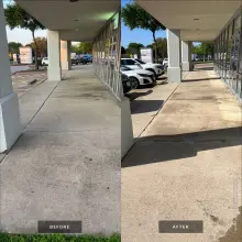 Before and after concrete cleaning of a covered shopping center walkway, stained gray concrete brought back to an even clean surface in Dallas, TX