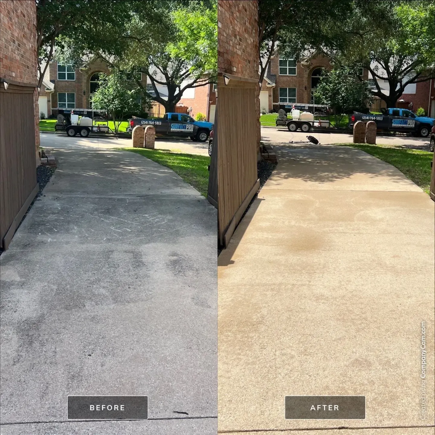 Before and after concrete side driveway pressure washing beside a wood fence in McKinney, TX