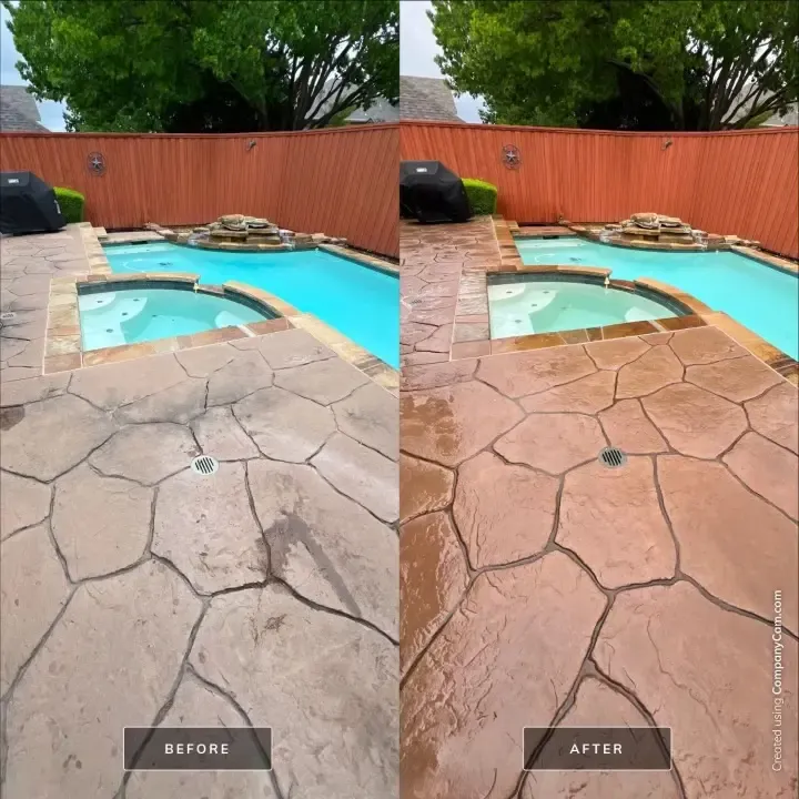 Before and after pressure washing of a stamped concrete pool deck, dirt removed to restore the terracotta color in Richardson, TX