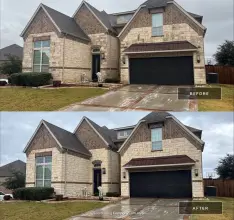 Before and after house wash of a stone and brick home exterior with dark garage door in Dallas, TX