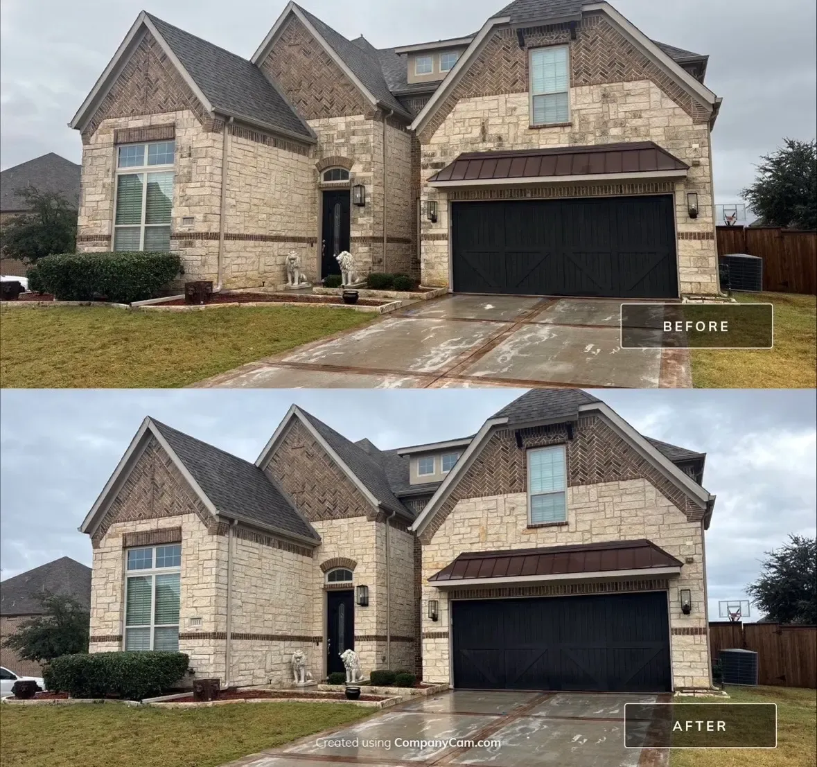Before and after house wash of a stone and brick home exterior with dark garage door in Dallas, TX
