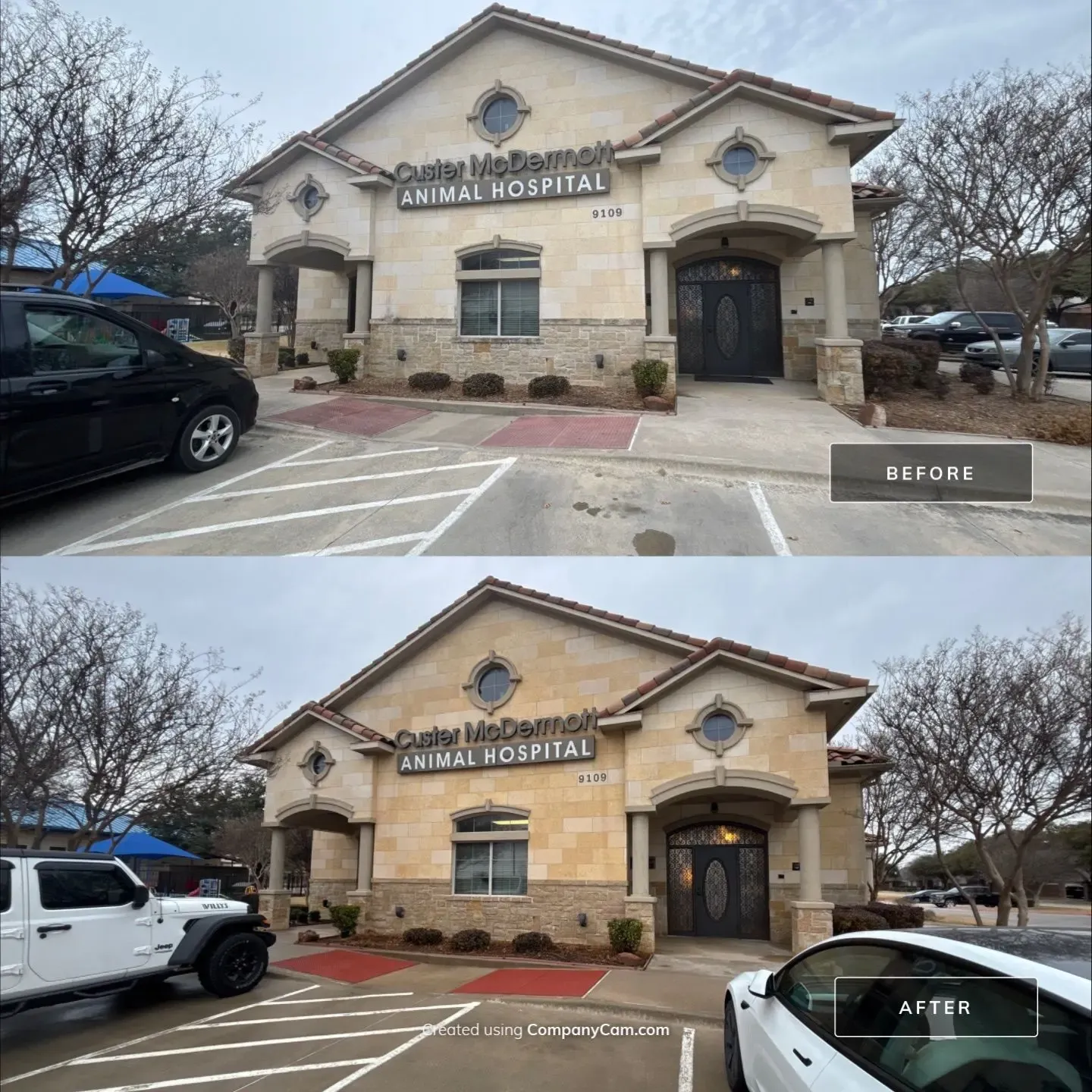 Before and after of a stone commercial building exterior and entry concrete restored by soft washing in Frisco, TX