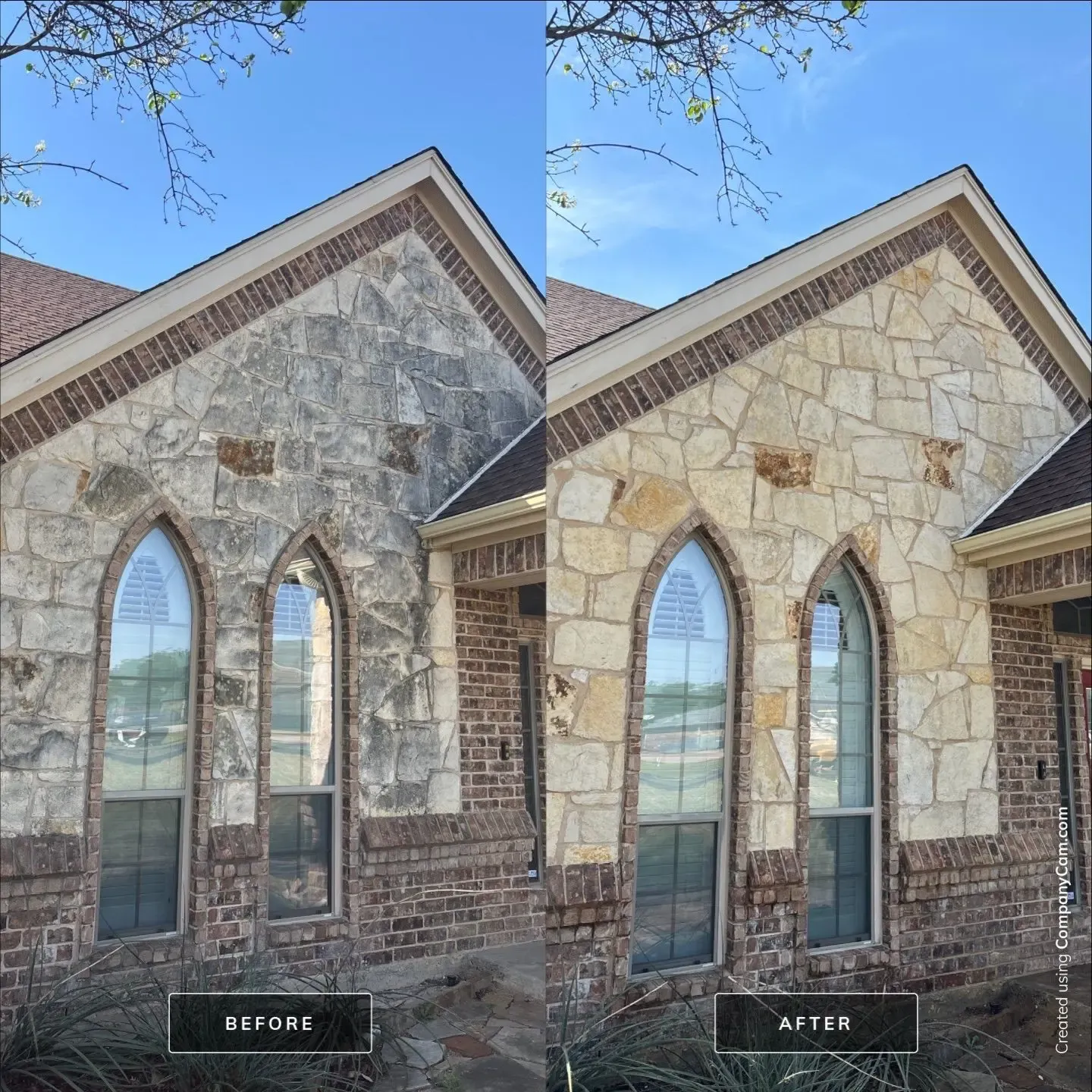 Before and after soft wash of a stone gable with arched windows restoring warm cream stone color in Plano, TX
