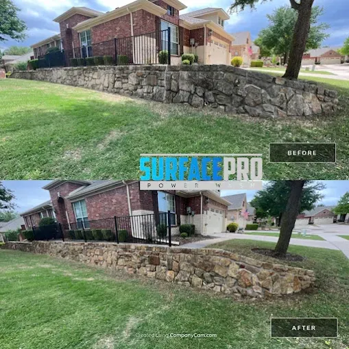 Before and after cleaning a stone retaining wall at a home in McKinney, TX