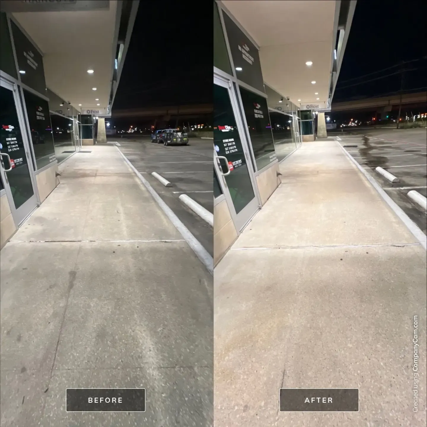 Before and after pressure washing of a shopping center storefront sidewalk, dingy concrete restored to a clean light finish in McKinney, TX