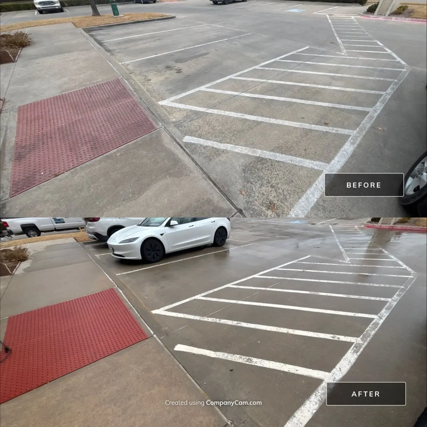 Before and after cleaning of a striped walkway zone in a commercial parking lot, grime lifted and white striping brightened in Plano, TX