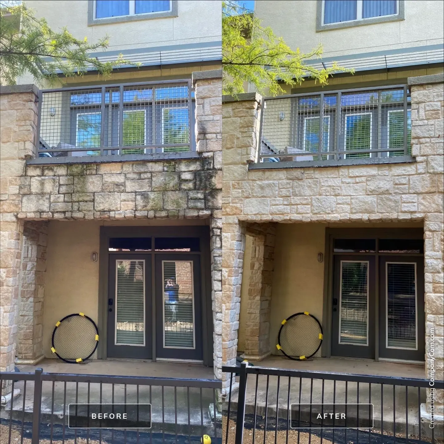 Before and after soft wash removal of algae and mold from a limestone entry wall at a multifamily townhome patio in Richardson, TX