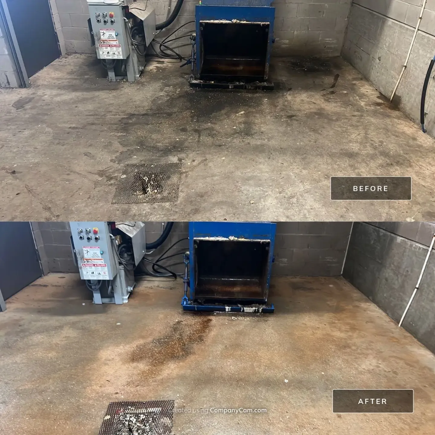 Before and after degreasing of a concrete trash compactor room floor at a multifamily property in Dallas, TX