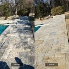 Before and after soft washing of a travertine paver pool deck, black algae staining removed to reveal clean cream stone in Frisco, TX