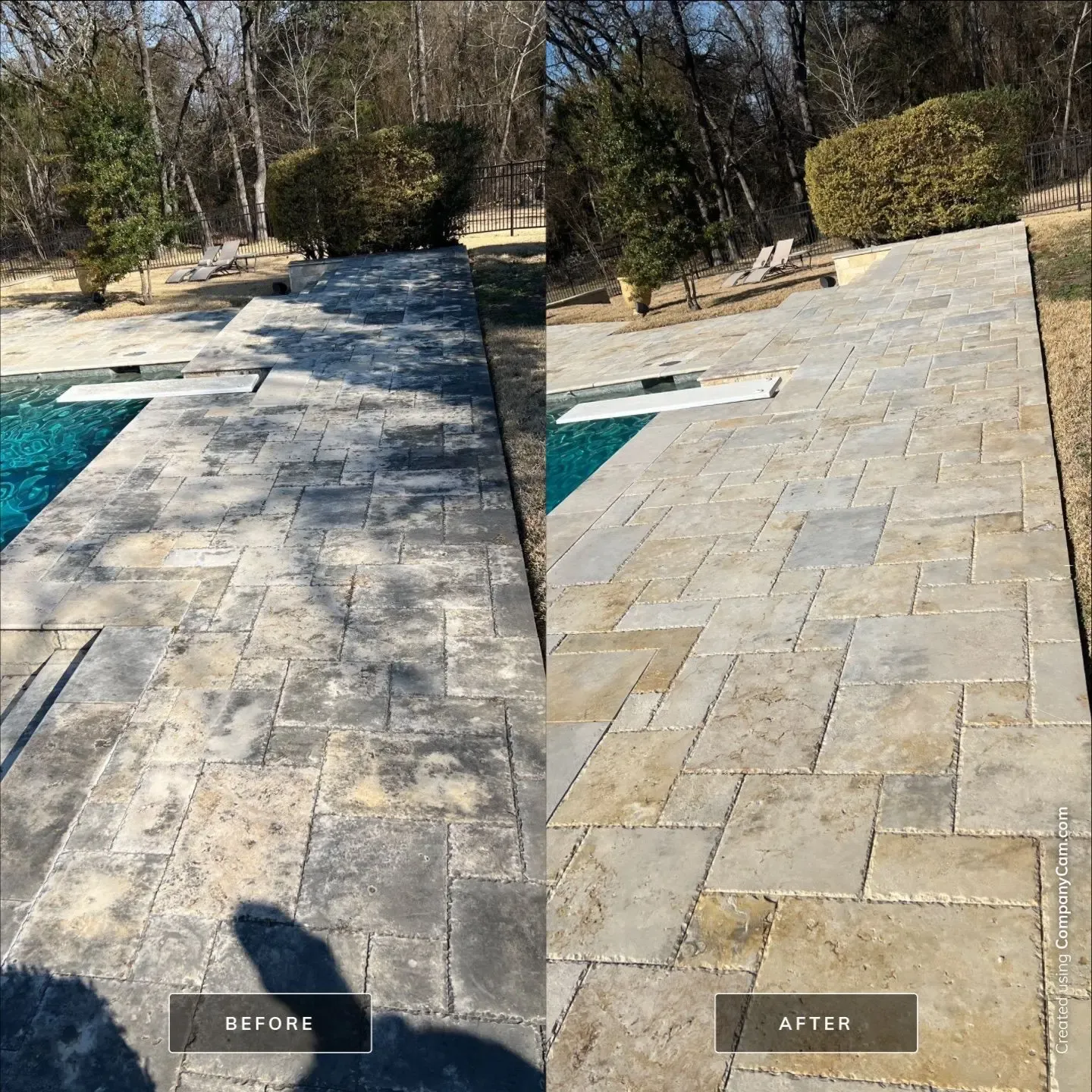 Before and after soft washing of a travertine paver pool deck, black algae staining removed to reveal clean cream stone in Frisco, TX