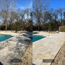 Before and after pool deck cleaning on travertine pavers, algae and grime washed away for an even light stone finish in Richardson, TX