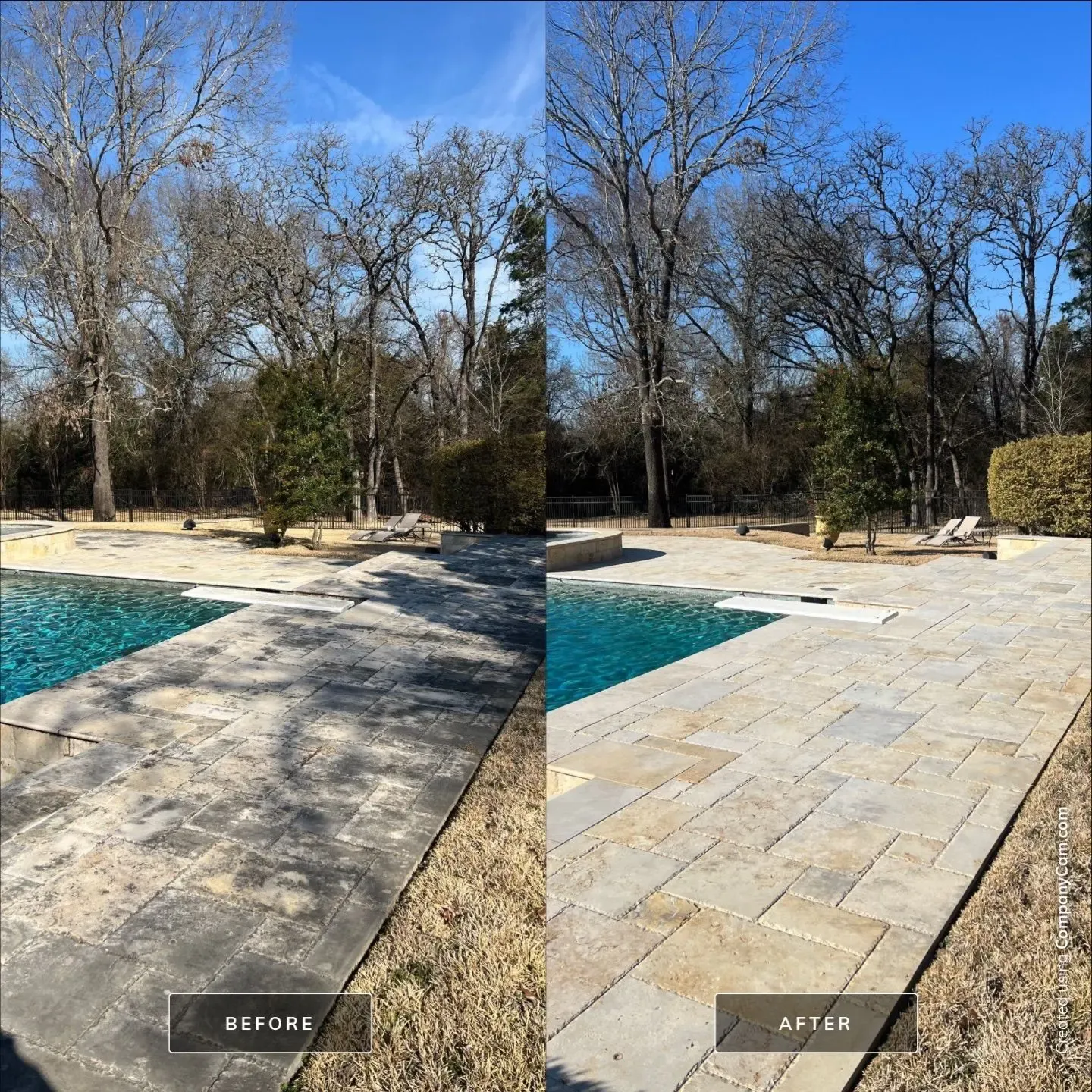 Before and after pool deck cleaning on travertine pavers, algae and grime washed away for an even light stone finish in Richardson, TX