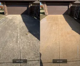 Before and after driveway pressure washing in front of a brown two-car garage door in McKinney, TX