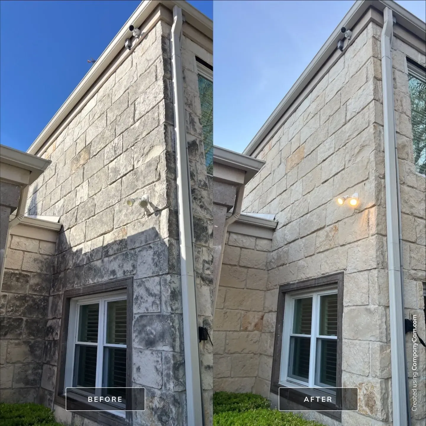 Before and after soft wash of a two story limestone wall with gray biological staining removed in Plano, TX