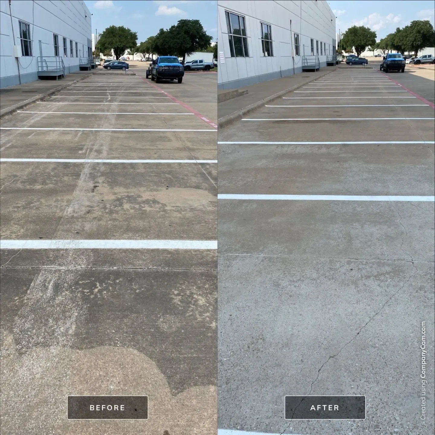 Before and after concrete parking stall pressure washing beside a commercial warehouse, dark staining removed and stripes brightened in Allen, TX