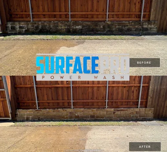 Before and after cleaning a wood fence and concrete walkway in Richardson, TX
